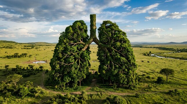 Green lung shaped tree in open field landscape.