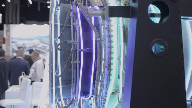 Visitors at an exhibition showcasing industrial equipment with metallic surfaces and plastic components in a professional and informative side view setting with blue and white tones.