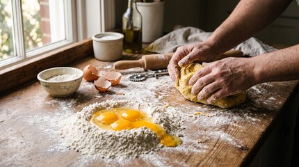 Fototapeta premium Hands kneading dough with eggs and flour on a wooden table