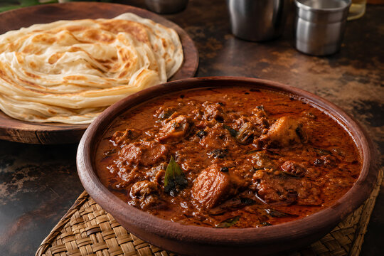 Authentic Chettinad chicken curry with dark roasted spices, curry leaves and coconut, served with parotta, rustic Tamil Nadu restaurant setting