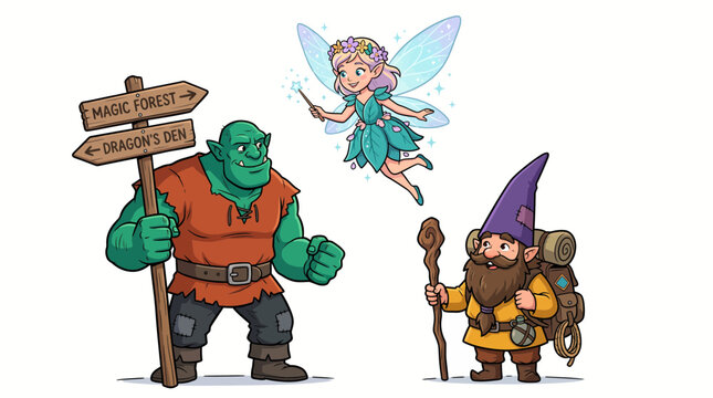 Cartoon fantasy character illustrations featuring a green orc holding a signpost, a flying winged fairy and a bearded dwarf adventurer, concept for fairytale storytelling and game design