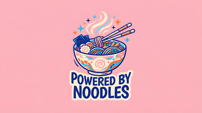 Vibrant ramen bowl with noodles and chopsticks on pink background for food and drink theme.