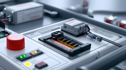 Fototapeta premium Close up of industrial control panel featuring red emergency button and illuminated circuitry components
