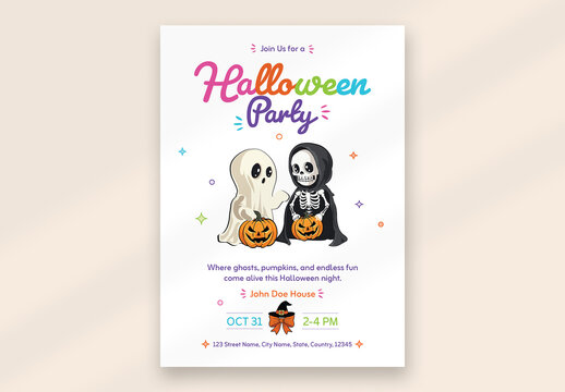 Halloween Party Invitation Card Template with Colorful Pumpkin Ghost Illustration