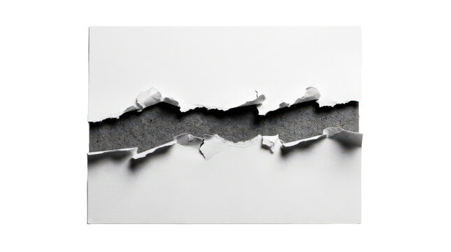 A sheet of white paper torn in the middle revealing a dark grey texture underneath isolated on transparent background