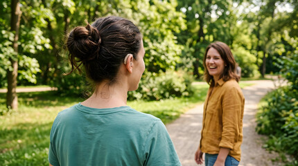 Fototapeta premium Young woman with hearing aid walking outdoors in park with friend during sunny day