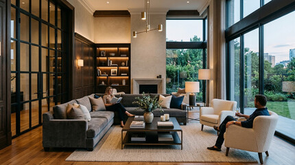 Fototapeta premium Luxury living room with fireplace, large windows, and elegant furnishings, people relaxing.