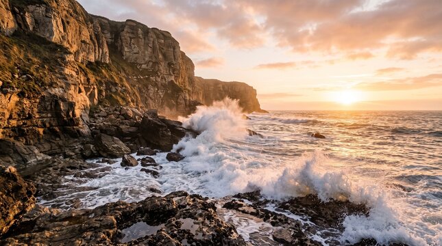 Dramatic ocean waves crash against rocky cliffs at sunset with golden light