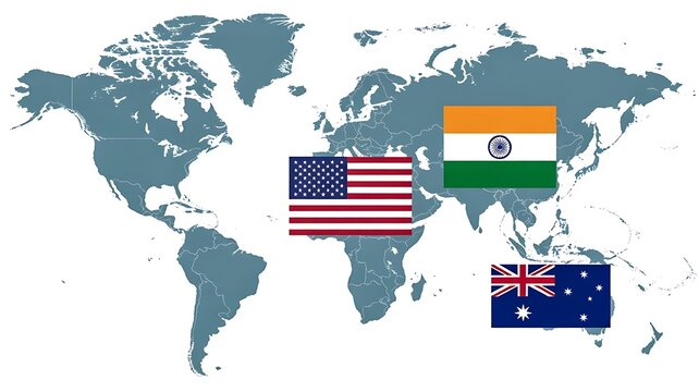 World map with united states india and australia flags representing global business connections