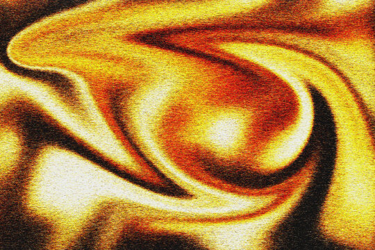 Vibrant fire gold orange fluid marble swirl texture background with dark noisy grain overlay for energetic abstract visual art background design