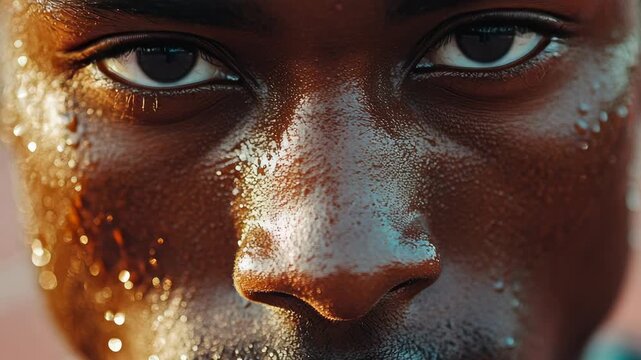Closeup of an athlete with sweat droplets on his face and skin, showcasing determination and intensity during a race or workout.