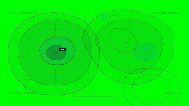 Digital topographic map with contour lines and navigation grid interface