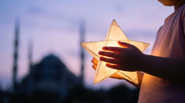 Child holding glowing star lantern against mosque silhouette.
