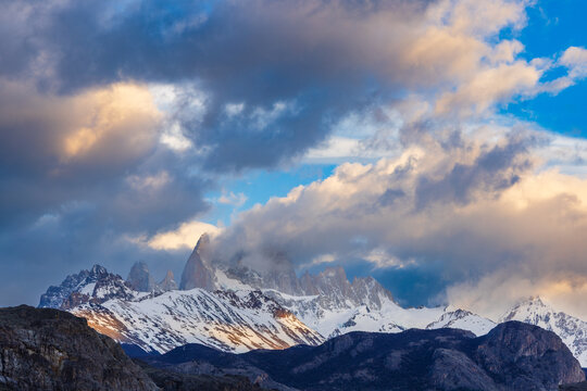 Dramatic early morning cloudscape over the Cerro Fitzroy (El Chalten) in Patagonia, Argentina