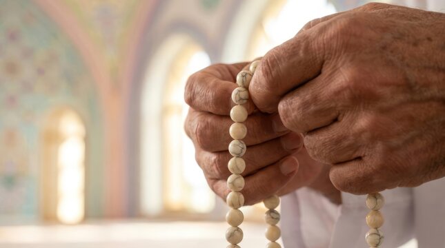 Close-up of hands holding wooden prayer beads