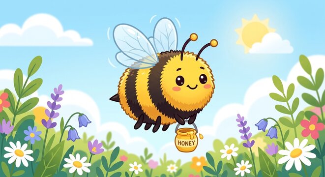 Flying bee with honey pot