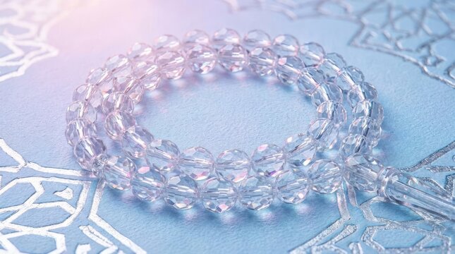 Crystal prayer beads on light blue Islamic pattern