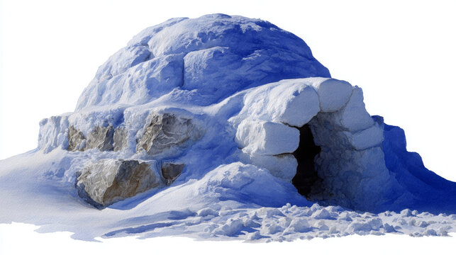 Vibrant watercolor igloo, crafted from brilliant snow, offers warm, cozy shelter. Isolated dwelling provides comfort in an arctic winter setting, depicted against pure white background
