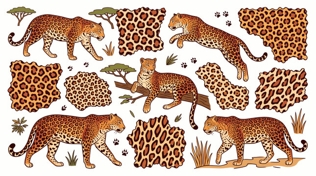 Leopard vector set showing wild leopards in different poses, safari trees and footprints and spotted skin patterns, concept for wildlife design and textile background