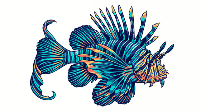 Vibrant lionfish vector illustration showcasing colorful spiky fins, striped venomous body and detailed marine art, concept for aquatic ecosystem decor and underwater fauna education