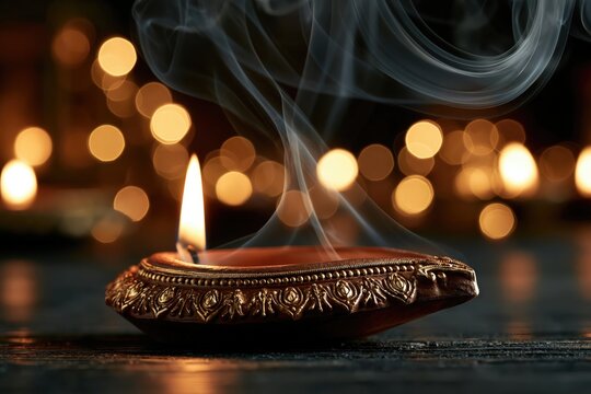 Diya lamp on dark surface with incense smoke drifting gently