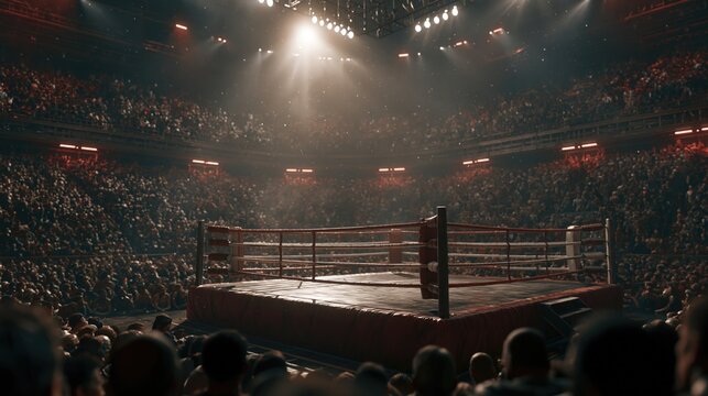 Dynamic boxing arena with the text vac from ringside corner camera position