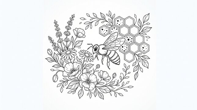Honey bee and honeycomb floral line art illustration for nature design projects.