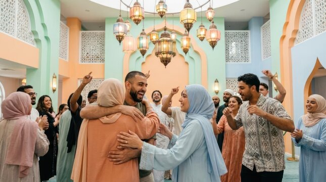 Diverse Muslim community hugging inside a colorful mosque.