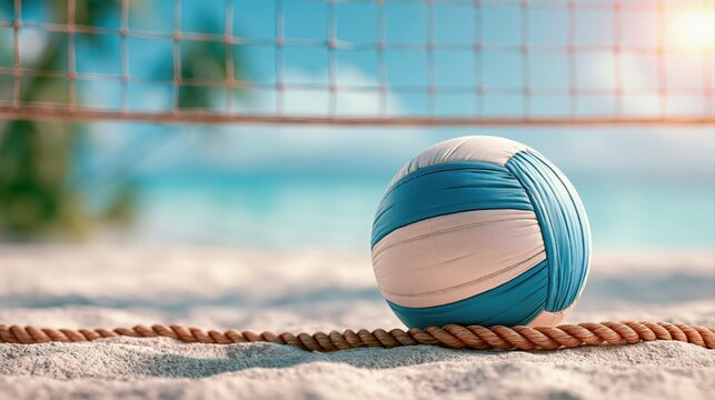 Volleyball on beach sand court with the text tropical