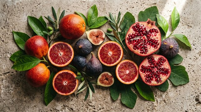 blood oranges fresh figs pomegranate halves citrus fruit exotic fruit ripe figs pomegranate arils juicy oranges organic produce natural fruits healthy food fresh fruits