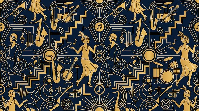 Golden art deco pattern with flapper women dancing and jazz music icons