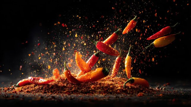 Dynamic red and yellow chili peppers surrounded by exploding spices and seasoning particles against a dramatic black background.