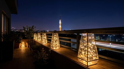 Naklejka premium Glowing lanterns on balcony overlooking night city skyline.