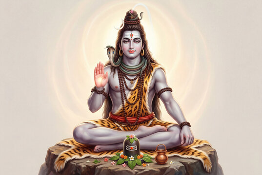 Majestic ancient Indian mythological deity holding a trident in a cosmic mountain setting, hyper-realistic digital art"
