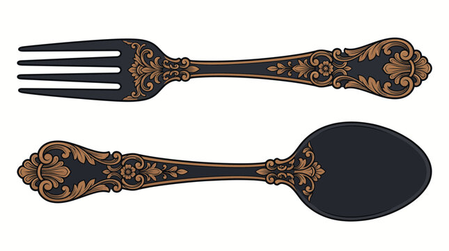 Vintage ornate spoon and fork cutlery illustration featuring baroque floral pattern, intricate gold engraved details and classical elegance, concept for luxury dining and fine menu design