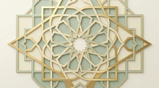 Golden geometric Islamic wall art on neutral background.