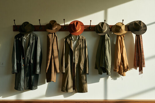 Vintage Coats and Hats on a Wooden Wall Rack in Sunlight