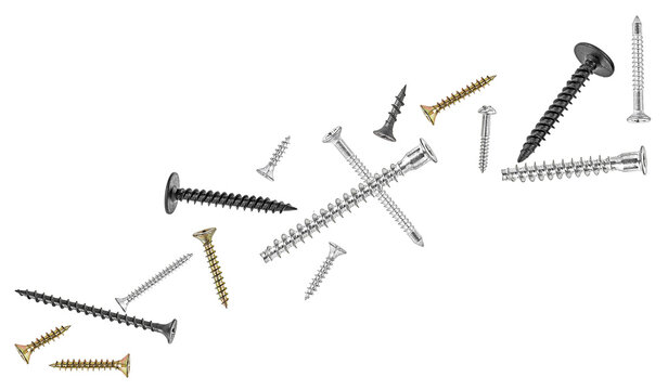 Mixed of different screws isolated on a white background, top view. Home improvement.