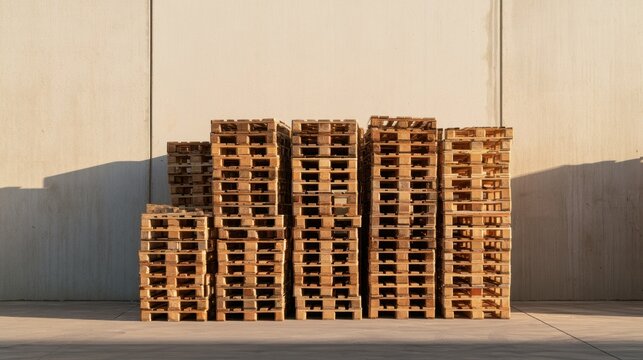 Large stack of wooden shipping pallet crates arranged outdoors against beige wall with shadow in industrial or warehouse setting under natural sunlight