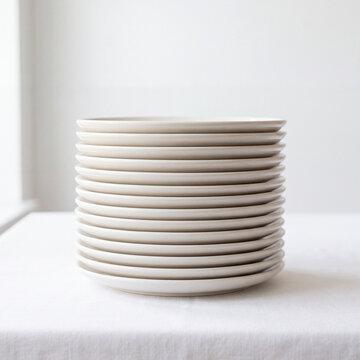A neatly arranged stack of clean white ceramic plates on a bright white surface with a minimalist background. Simple and elegant tableware composition representing kitchenware, dining essentials