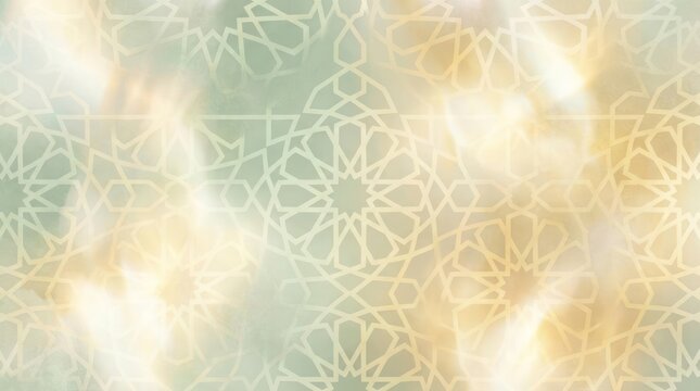 Gold Islamic geometric pattern with bokeh lights background.