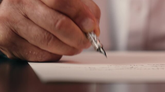 Close up unknown Caucasian old senior business man male hand writing letter with fountain pen aged ageing businessman using black ink write on paper parchment written document correspondence at table