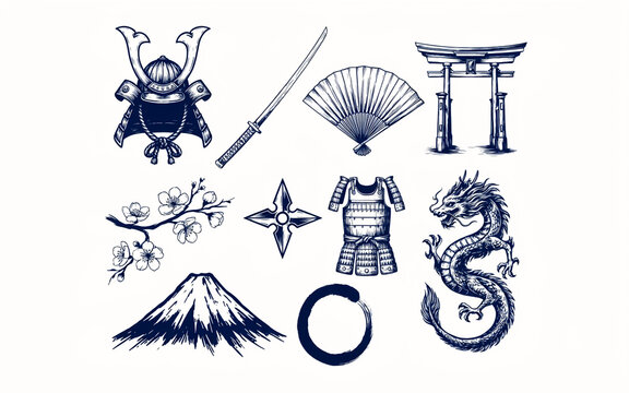 Japanese Cultural Symbols Including Samurai Armor Sword Fan Torii Gate Cherry Blossoms Dragon Mountain Artwork