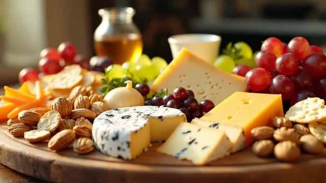 Gourmet Artisanal Cheese and Fruit Assortment Revealed by Gradual Lateral Camera Movement for Culinary Blogs, Entertaining Videos, and Food Promotion Footage