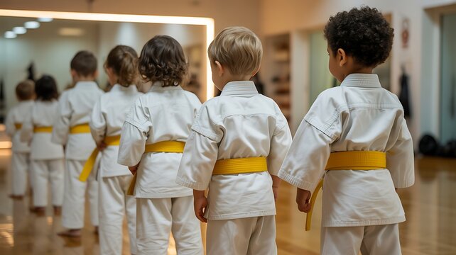 A group of children wearing white karate uniforms and yellow belts standing in a line during a martial arts class. 