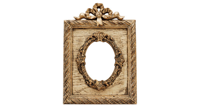 Rectangular gold picture frame with inner oval border and top bow on a transparent background