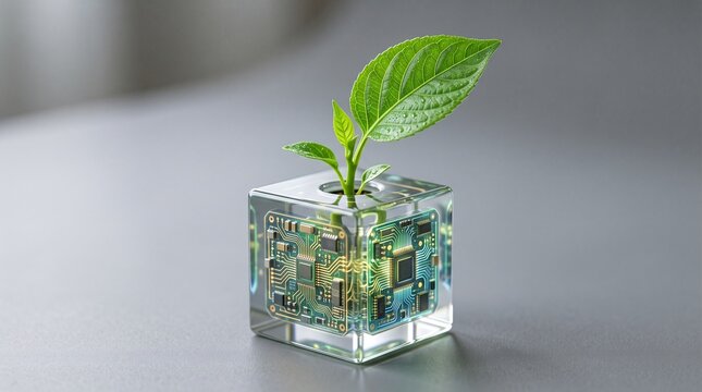 green tech eco technology sustainable tech circuit board motherboard microchip processor technology plant eco friendly tech green innovation clean tech nature technology
