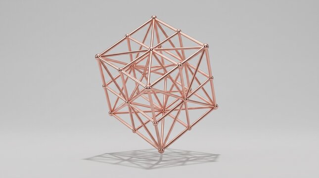 geometric sculpture copper wire frame modern abstract art wireframe cube platonic solid sacred geometry rose gold decor metallic structure architectural model minimalist sculpture