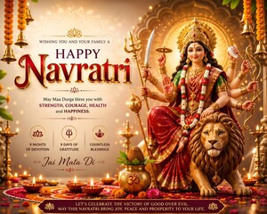 Fototapeta premium Happy navratri festive invitation template featuring goddess durga riding a lion surrounded by traditional oil lamps and golden temple architecture