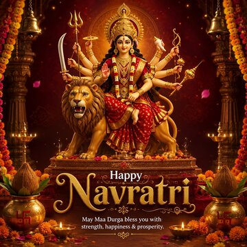 Happy navratri festive celebration image showcasing goddess durga seated on a lion holding traditional weapons with golden temple pillars